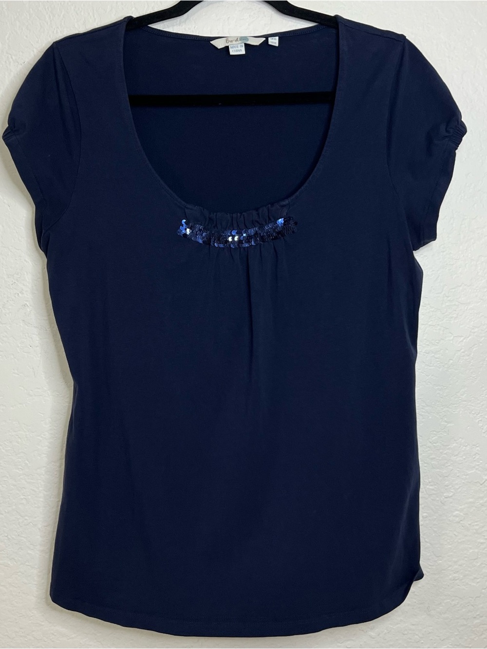 Boden Navy Blue Cap Sleeve Top Sequin Round Neck Embellishment Women’s Size 12